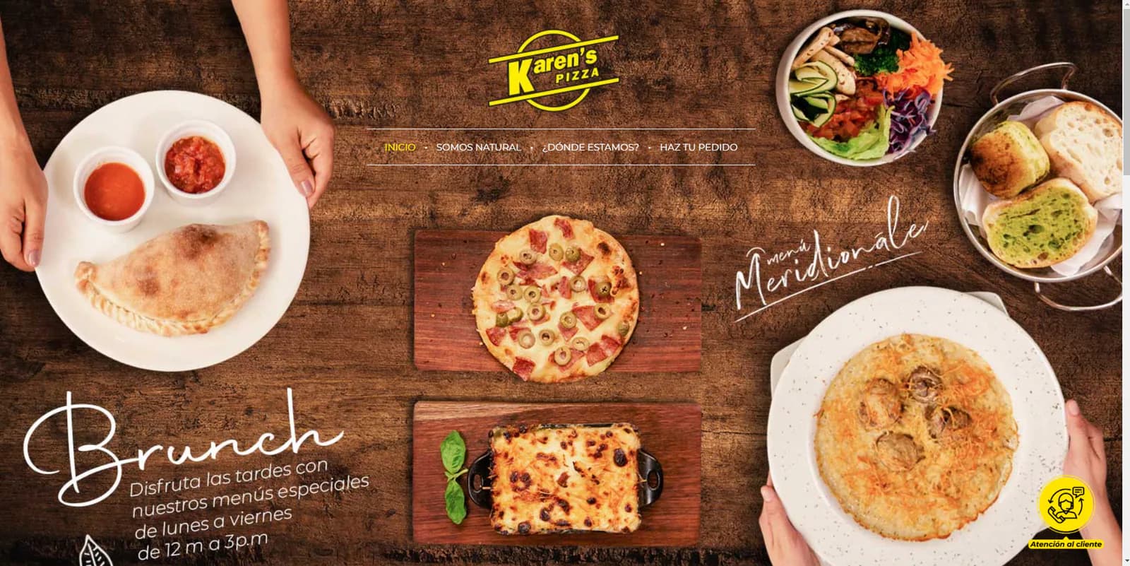Karen’s Pizza home page with restaurant logo, food photography, navigation, and brunch promotion