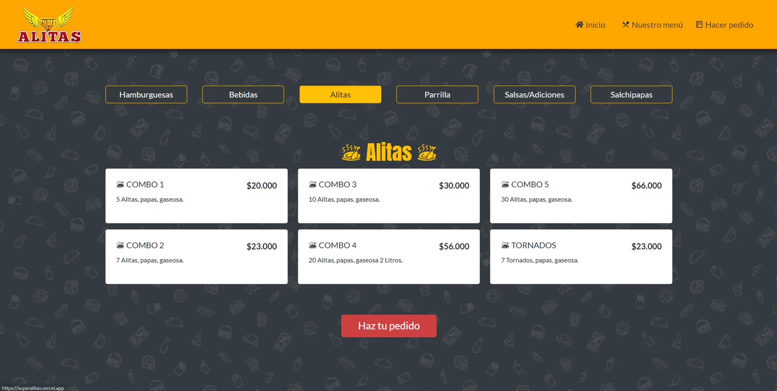 Super Alitas menu showing combo cards, categories, prices, and an order button