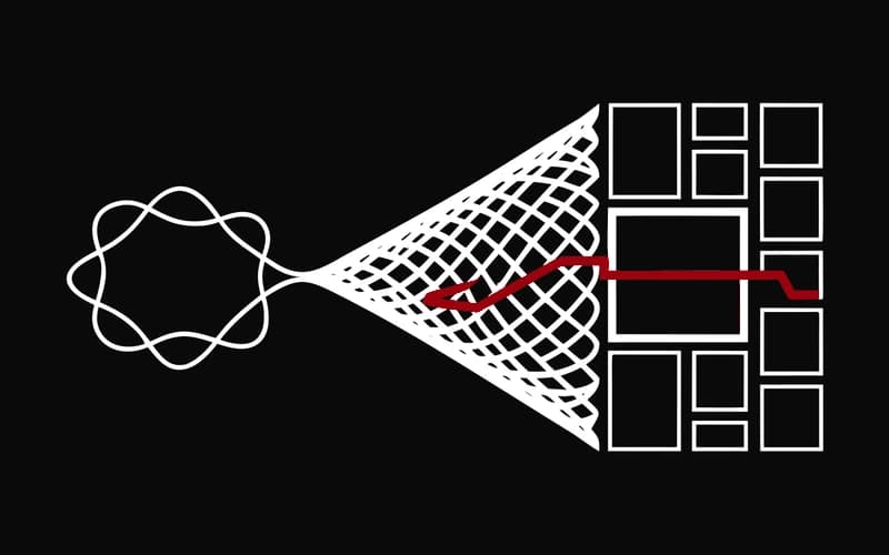 Abstract thread and woven lattice transforming into modular storefront frames